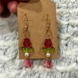 Red Tulip & Pearl Gold Earrings